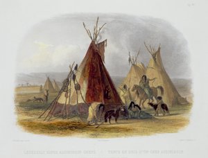 Assiniboin-päällikön ihomaja, levy 16 julkaisun "Travels in the Interior of North America" 1. osasta, kaiverrettu Friedrich Salathe (1793-1858) ja J. Hurlimann, 1843 (akvatinta)